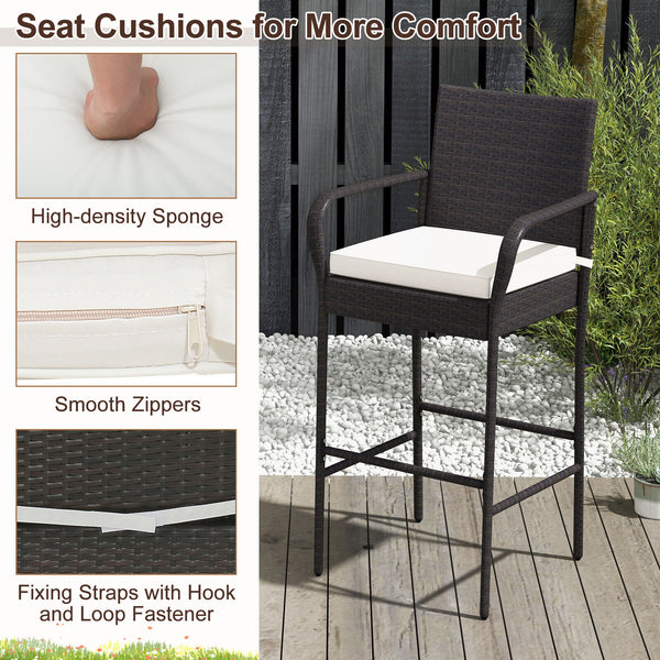 29.5" suitable seat height for most patio bar tables<br>Curved backrest and armrests make you relaxed<br>Equipped with seat cushions for more comfort<br>Fixing straps firmly fix the cushions in place<br>Zipper design for easy maintenance of cushion cover<