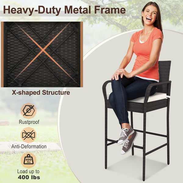 29.5" suitable seat height for most patio bar tables<br>Curved backrest and armrests make you relaxed<br>Equipped with seat cushions for more comfort<br>Fixing straps firmly fix the cushions in place<br>Zipper design for easy maintenance of cushion cover<