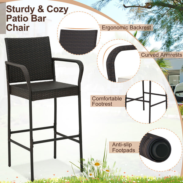 29.5" suitable seat height for most patio bar tables<br>Curved backrest and armrests make you relaxed<br>Equipped with seat cushions for more comfort<br>Fixing straps firmly fix the cushions in place<br>Zipper design for easy maintenance of cushion cover<