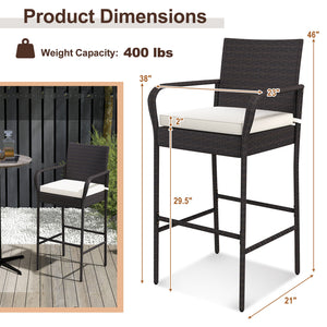 29.5" suitable seat height for most patio bar tables<br>Curved backrest and armrests make you relaxed<br>Equipped with seat cushions for more comfort<br>Fixing straps firmly fix the cushions in place<br>Zipper design for easy maintenance of cushion cover<