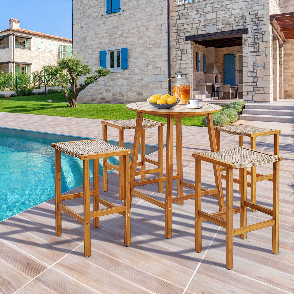 Mainly made of selected acacia wood for long-time use <br>Premium PE rattan for more elegance and durability <br>Ergonomic curved seat provides more coziness <br>Comfortable footrests are perfect to relax your feet <br>Rustic appearance fits different pat