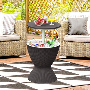 The retractable tabletop is fixed tightly by the knob <br>Flexible adjustment of 22.5'' and 32.5'' <br>Multiple uses as a patio side table and an ice bucket <br>8 gal capacity to store various drinks and snacks <br>Drainage hole with a plug for easy clean