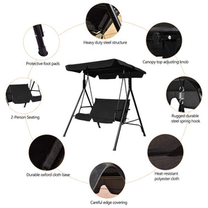 Brand New And High Quality<br>Outdoor Loveseat Swing Chair<br>Providing Two Comfortable Seats<br>With A Waterproof Top Canopy  Protecting You From Ultraviolet Ray And Drizzle<br>Black Steel Frame  Durable And Sturdy<br>With Seat And Back Cushion Add Comfo