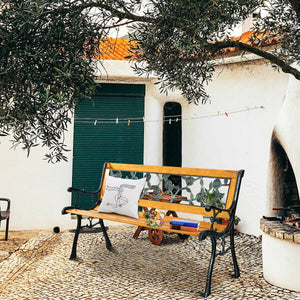 It consists of well-painted iron cast structure  solid wood seat and backrest frame  and PVC backrest pattern. <br>It comes with a size of 49.5" x 20.5" x 29" and features a strong load-bearing capacity of up to 463 lbs. <br>It's able to comfortably seat 