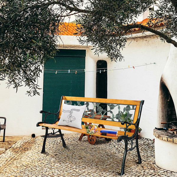It consists of well-painted iron cast structure  solid wood seat and backrest frame  and PVC backrest pattern. <br>It comes with a size of 49.5" x 20.5" x 29" and features a strong load-bearing capacity of up to 463 lbs. <br>It's able to comfortably seat 