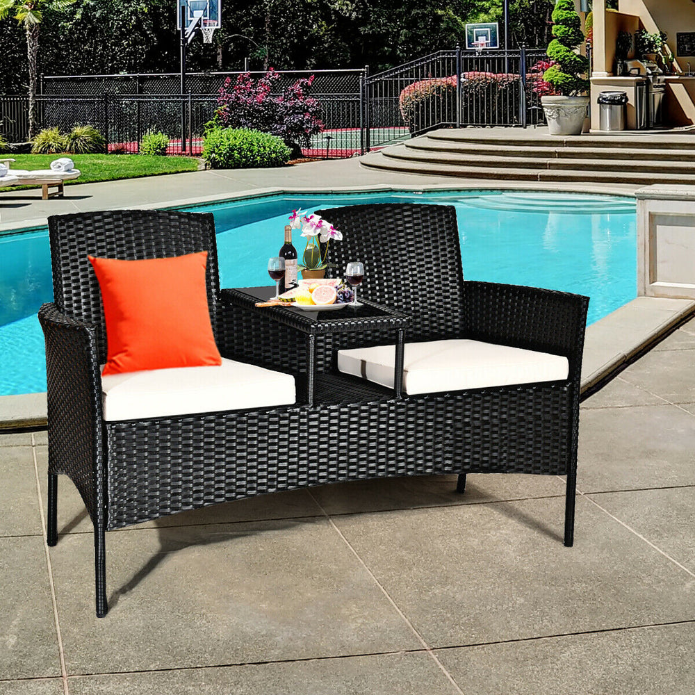 Rugged steel frame is durable and sturdy<br>High-quality rattan is weather-resistant and fade-resistant<br>Tempered glass table top is fixed by powerful suckers<br>Soft seat cushions is filled with high-density sponge<br>The zippered cover is removable an