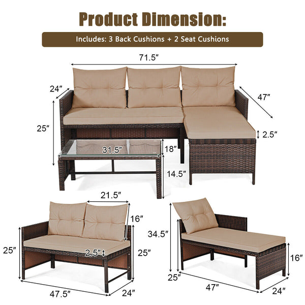 Outdoor sectional sofa  available for 3-4 friends comfortably with a glass table to hold food and drinks <br>Premium transparent tempered glass top  securely placed on the sturdy wicker table  more convenient to clean <br>L-shape design fits any corner of
