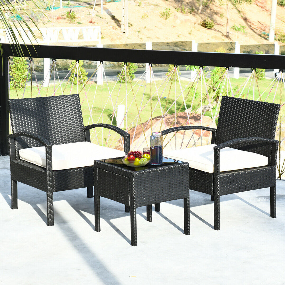 This rattan patio conversation set which will provide you a comfortable experience in your leisure time. Â  This set of outdoor furniture is made of high-quality rattan and strong steel  which is durable and has a long service life. The thick soft cushion