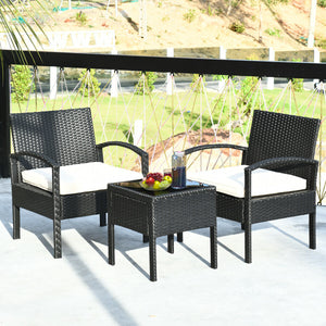 This rattan patio conversation set which will provide you a comfortable experience in your leisure time. Â  This set of outdoor furniture is made of high-quality rattan and strong steel  which is durable and has a long service life. The thick soft cushion