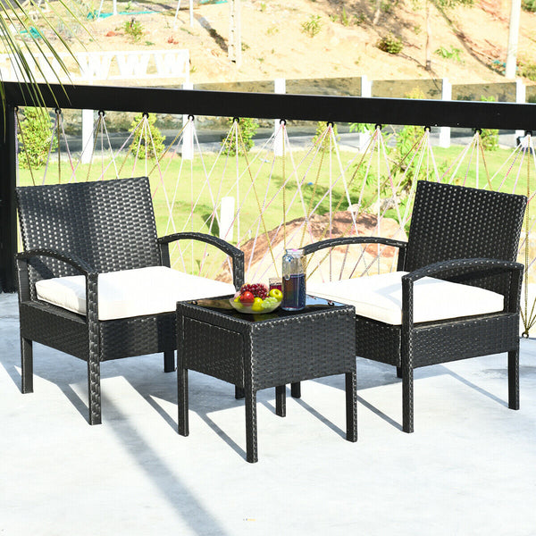 This rattan patio conversation set which will provide you a comfortable experience in your leisure time. Â  This set of outdoor furniture is made of high-quality rattan and strong steel  which is durable and has a long service life. The thick soft cushion