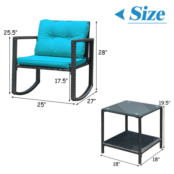Including 1 table with tempered glass top and 2 rocking chairs <br>Sturdy and heavy steel frame ensures large weight capacity <br>High-quality PE wicker can withstand the moderate change in weather <br>Slightly sloping back and seat of the rocking chair o