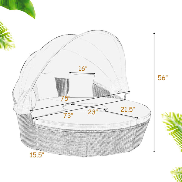 Includes: 1 x Rattan round daybed  4 x Sector cushion  3 x Pillow  1 x User guide<br>Will be delivered in 4 packages so the arriving time may vary<br>Durable and sturdy steel frame to keep stable<br>Lightweight and premium PE rattan material for long life
