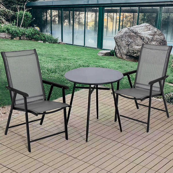 Metal powder coating frame is easy to clean<br>Chair can be used indoors and outdoors<br>2 ergonomic armrests for comfortable arm placement<br>Set of 2 chairs has good abrasion and water resistance<br>Set of 2 chairs is in fabric that can withstand bad we