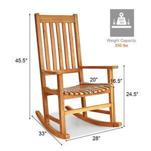 This rocking chair is constructed of premium acacia wood  which is corrosion-resistant and durable to support your long-term use. Â  Designed with contoured slatted seat  high back and widened armrest  the chair will give you comfortable sitting feeling t