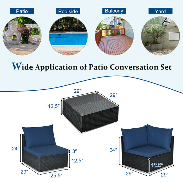 Free combination of sectional sofa as per your needs<br>Solid structure with L shape aluminum feet<br>Exquisite PE wicker frame adds unique charm<br>Comfortable sofa set with thick cushions and soft pillows<br>The cover of seat cushion is removable and wa