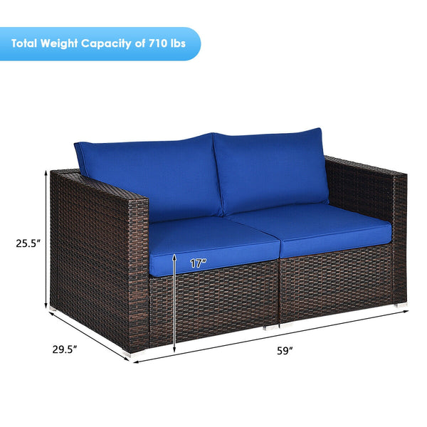 Power coated and solid steel frame adds sturdiness and durability<br>Tight and hand-woven rattan to withstand change of weather<br>2 of the corner sofas can be used separately<br>Aluminum foot pads protect bottom rattan from scratching<br>Wide armrest for
