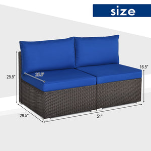 Power coated and solid steel frame adds sturdiness<br>Tight and hand-woven rattan to withstand change of weather<br>Two of the armless chairs can be used separately<br>Aluminum foot pads protect bottom rattan from scratching<br>Can be added to the same st
