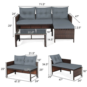 Outdoor sectional sofa  available for 3-4 friends comfortably with a glass table to hold food and drinks <br>Premium transparent tempered glass top  securely placed on the sturdy wicker table  more convenient to clean <br>L-shape design fits any corner of