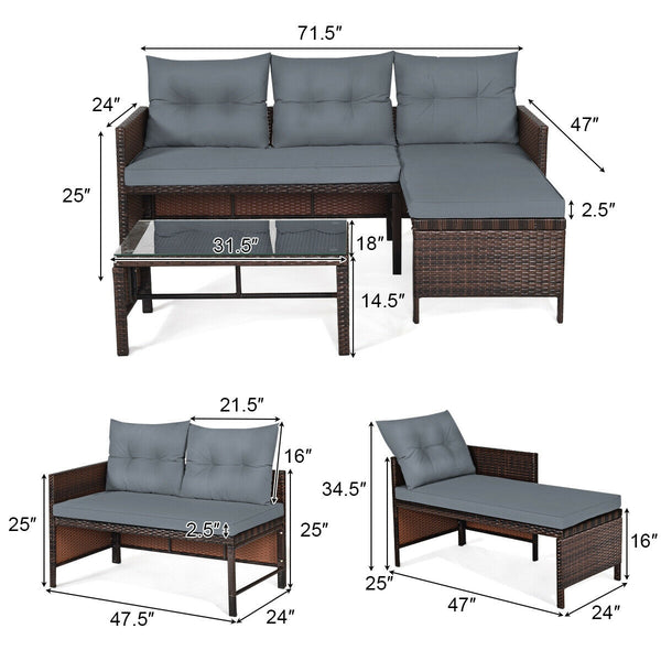 Outdoor sectional sofa  available for 3-4 friends comfortably with a glass table to hold food and drinks <br>Premium transparent tempered glass top  securely placed on the sturdy wicker table  more convenient to clean <br>L-shape design fits any corner of