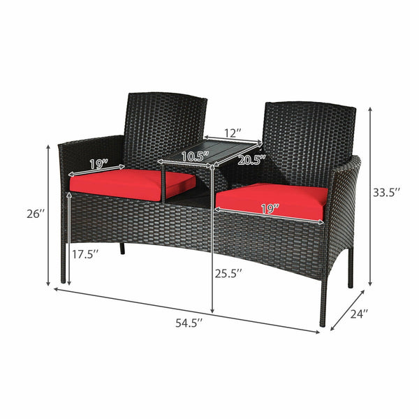 Made of high quality rattan with strong built-in frame structure<br>Poly table top is durable and safe to use<br>Trapezoid coffee table between two seats is practical<br>Cozy thick cushions double your comfy<br>The cushion cover with zipper is removable a