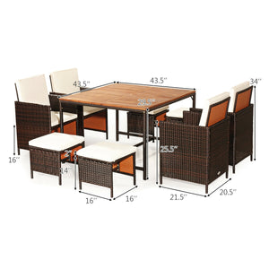 Made of PE wicker and sturdy steel frame ensuring weather resistance<br>Acacia wood tabletop makes sure the sturdiness and durability<br>Suitable for outdoor use with umbrella hole design<br>Cushioned seats with wide backrest bring you a comfortable exper