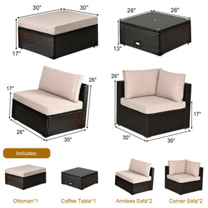 Package includes 2 Corner sofas 2 Armless sofas 1 Ottoman 1 Tempered glass table 5 Seat cushions 6 Back cushions and 1 User guide<br>Sturdy and solid steel frame ensures the sturdiness of the set<br>Tight and hand-woven rattan wraps the steel frame<br>Thi