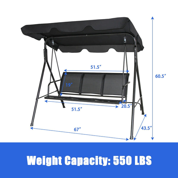 Able to comfortably sit and swing 3 people independently <br>Made of a high quality  weather-resistant steel frame with wide  sturdybase <br>Adjustable canopy design for optimal shade coverage and rain protection <br>Comfortable angle and well-ventilated 