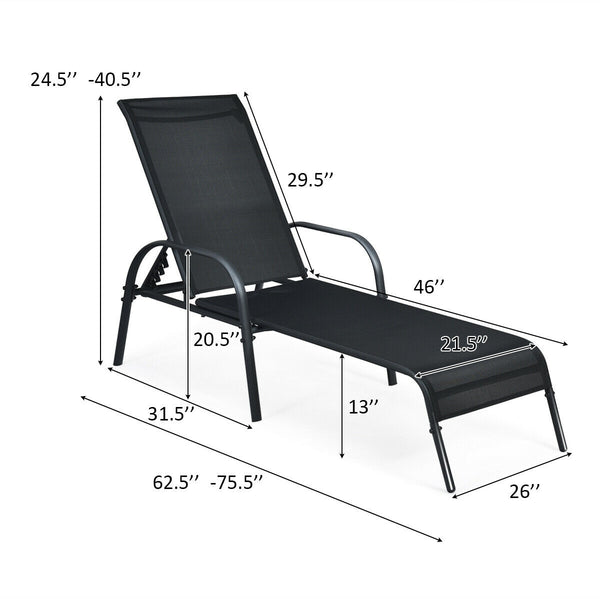Don't leave the lounge chairs outside in rainy days for prolonging its' using life Made of Sun-proof and breathable fabric for long-lasting use  Powder-coated steel frame provides sturdy support Thick legs and anti-slip pads provide extra stability 5 adju