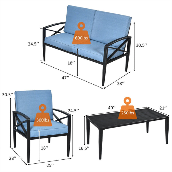 Have an intimate lounge time with this outdoor sofa set! Â  The patio sofa set is made up of 1 side table  2 single sofas and 1 loveseat with ample resting room. Each seat is cushioned with high density sponge covering with breathable and soft fabric. And