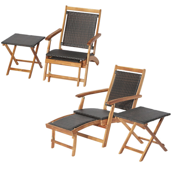 Retractable ottoman for ultimate comfort and maximum space utilization<br>Safety latch keeps the footrest in place when it retracts back <br>Foldable chair and table for space-saving design<br>Selected mix brown PE wicker for fade resistance and sun prote