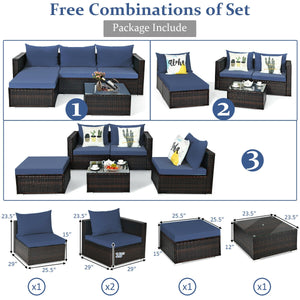 Package includes: 2 Corner chairs  1 Armless chair  1 Ottoman  1 Coffee table  4 Seat cushions  3 Back cushions  1 Instruction <br>Power-coated and solid steel frame adds sturdiness to the set <br>Tight and hand-woven rattan wraps the steel frame <br>Spac