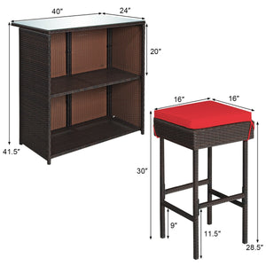 Strong metal frame and wrapped with rattan wicker<br>Including 2 stools and 1 table<br>Special design of the shelve for storage<br>Tempered glass top with good heat-durability<br>Soft and thick cushion provides comfortable sitting experience<br>Zippered c