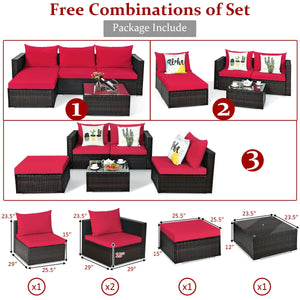Package includes: 2 Corner chairs  1 Armless chair  1 Ottoman  1 Coffee table  4 Seat cushions  3 Back cushions  1 Instruction <br>Power-coated and solid steel frame adds sturdiness to the set <br>Tight and hand-woven rattan wraps the steel frame <br>Spac