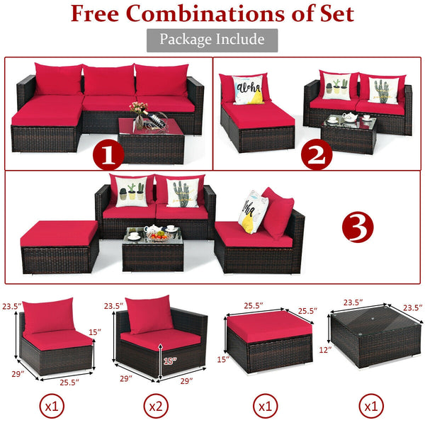 Package includes: 2 Corner chairs  1 Armless chair  1 Ottoman  1 Coffee table  4 Seat cushions  3 Back cushions  1 Instruction <br>Power-coated and solid steel frame adds sturdiness to the set <br>Tight and hand-woven rattan wraps the steel frame <br>Spac