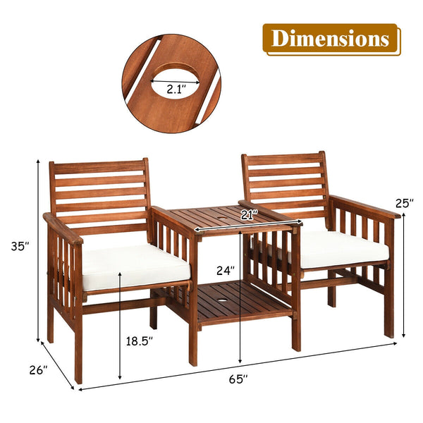 The functional loveseat brings color and pleasure to your outdoor space. Â  Made of premium acacia wood  this set has sturdy and durable construction. Paired with soft sponge cushions and high backrests  this conversation set provides upgraded comfort for