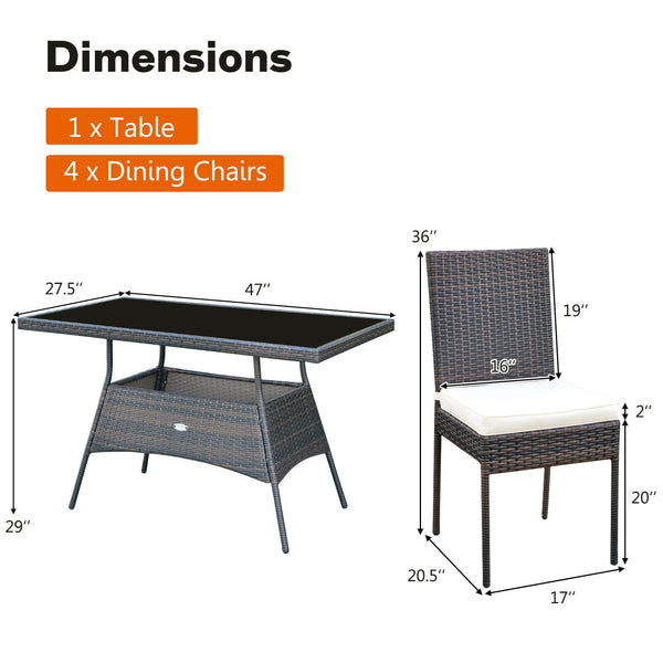 High-quality steel materials can ensure to last<br>Durable and weather-resistant PE rattan provides a long service life<br>The dining table with a tempered glass top provides spacious dining space<br>The cushions with hook and loop fasteners make you feel