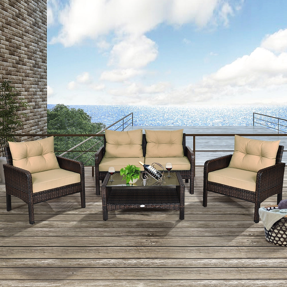 The rugged frame ensures sturdiness and stableness<br>Functional and beautiful design perfect for garden  backyard  and balcony<br>Rattan coffee table with tempered glass top and large storage space<br>Thick and comfortable cushions with removable cover<b