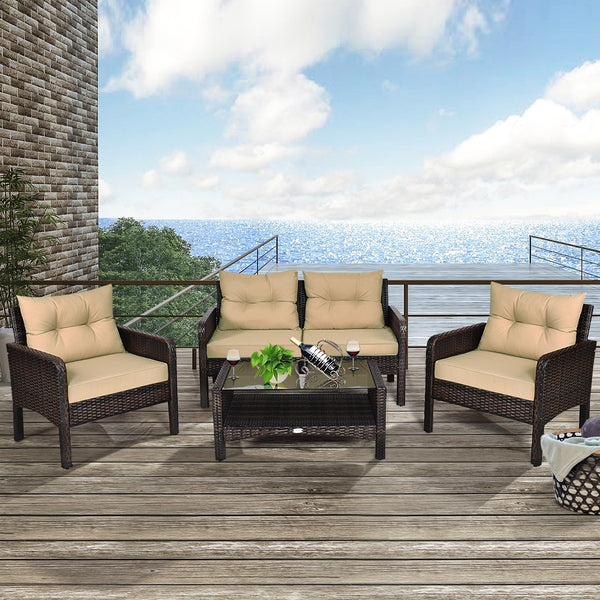 The rugged frame ensures sturdiness and stableness<br>Functional and beautiful design perfect for garden  backyard  and balcony<br>Rattan coffee table with tempered glass top and large storage space<br>Thick and comfortable cushions with removable cover<b