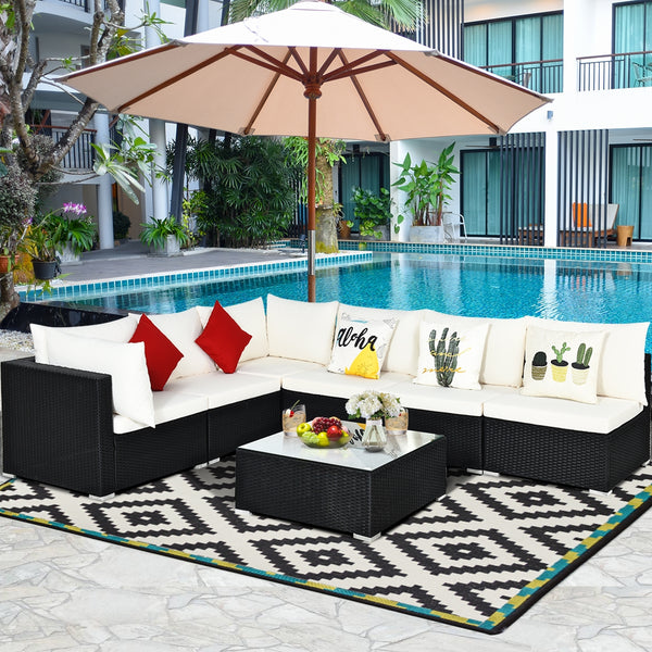 Free combination of sectional sofa as per your needs<br>Solid structure with L shape aluminum feet<br>Exquisite PE wicker frame adds unique charm<br>Comfortable sofa set with thick cushions and soft pillows<br>The cover of seat cushion is removable and wa