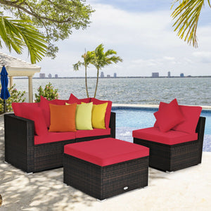 Includes 2 corner sofas  1armless table and 1 ottoman for versatile use<br>Sturdy powder-coated steel frame provides strong durability and stability<br>All-weather and wear-resistant PE rattan provides a long service life<br>Thick and soft sponge padded c