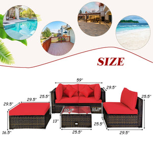 Including 1 armless sofa  2 corner sofas  1 ottoman  and 1 coffee table for a versatile use<br>Sturdy steel frame and durable PE rattan for long time use<br>4'' thick cushions to provide extraordinary comfort<br>Equipped with 2 extra soft pillows for bett