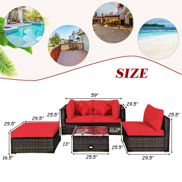 Including 1 armless sofa  2 corner sofas  1 ottoman  and 1 coffee table for a versatile use<br>Sturdy steel frame and durable PE rattan for long time use<br>4'' thick cushions to provide extraordinary comfort<br>Equipped with 2 extra soft pillows for bett