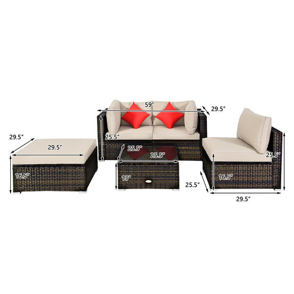 Including 1 armless sofa  2 corner sofas  1 ottoman  and 1 coffee table for a versatile use<br>Sturdy steel frame and durable PE rattan for long time use<br>4'' thick cushions to provide extraordinary comfort<br>Equipped with 2 extra soft pillows for bett