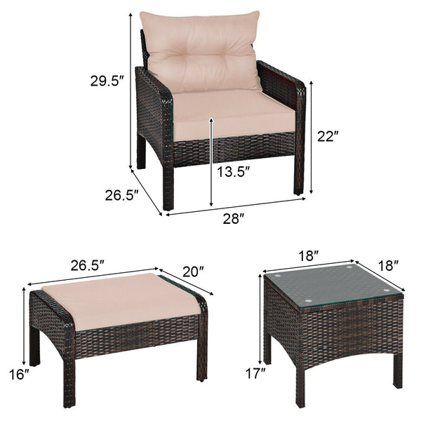 Includes 2 single chairs  2 ottomans and a side table<br>Heavy-duty metal frame with great sturdiness<br>All-weather PE rattan durable for outdoor use<br>Long-lasting tempered glass table smooth for wiping<br>3" thick cushions for excellent softness<br>Re