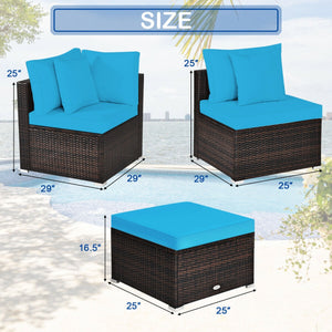 Includes 2 corner sofas  1armless table and 1 ottoman for versatile use<br>Sturdy powder-coated steel frame provides strong durability and stability<br>All-weather and wear-resistant PE rattan provides a long service life<br>Thick and soft sponge padded c
