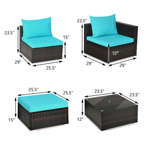 Package includes: 2 Corner chairs  1 Armless chair  1 Ottoman  1 Coffee table  4 Seat cushions  3 Back cushions  1 Instruction <br>Power-coated and solid steel frame adds sturdiness to the set <br>Tight and hand-woven rattan wraps the steel frame <br>Spac