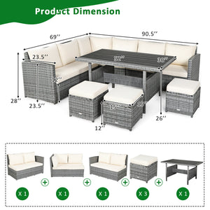 Packages include 3 loveseats  3 ottomans  1 table  6 seat cushions  7 back cushions  and instruction<br>Packages come in 4 boxes<br>Powder-coated steel structure provides strong durability and stability<br>All-weather and wear-resistant rattan ensures lon