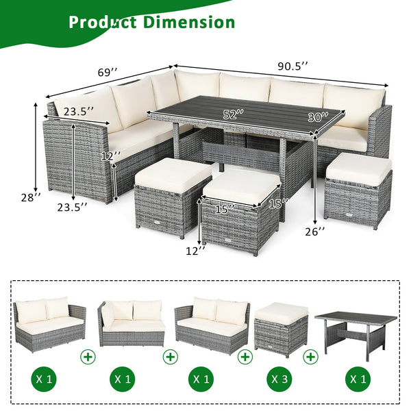 Packages include 3 loveseats  3 ottomans  1 table  6 seat cushions  7 back cushions  and instruction<br>Packages come in 4 boxes<br>Powder-coated steel structure provides strong durability and stability<br>All-weather and wear-resistant rattan ensures lon