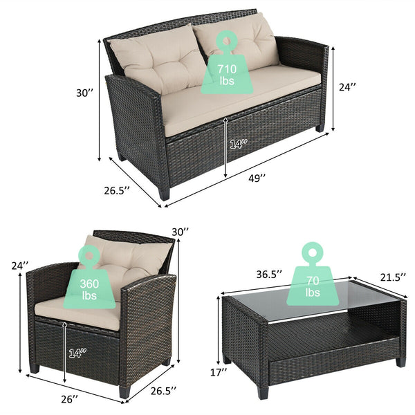 Consist of 2 single sofas  1 loveseat and a tea table <br>Ergonomics chair back and armrest shape design <br>Different combinations according to your needs <br>Sturdy steel frame  stable and not easy to shake <br>High quality PE rattan wicker  high-grade 