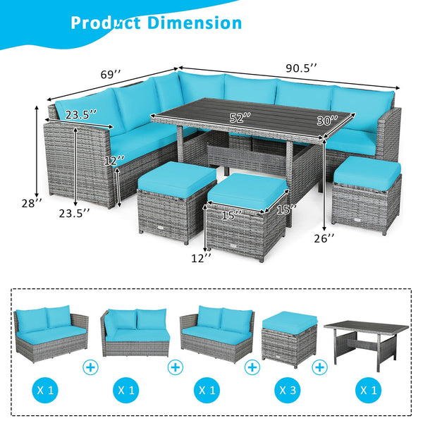 Packages include 3 loveseats  3 ottomans  1 table  6 seat cushions  7 back cushions  and instruction<br>Packages come in 4 boxes<br>Powder-coated steel structure provides strong durability and stability<br>All-weather and wear-resistant rattan ensures lon